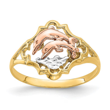 14K Yellow and Rose Gold with White Rhodium Double Dolphin Ring