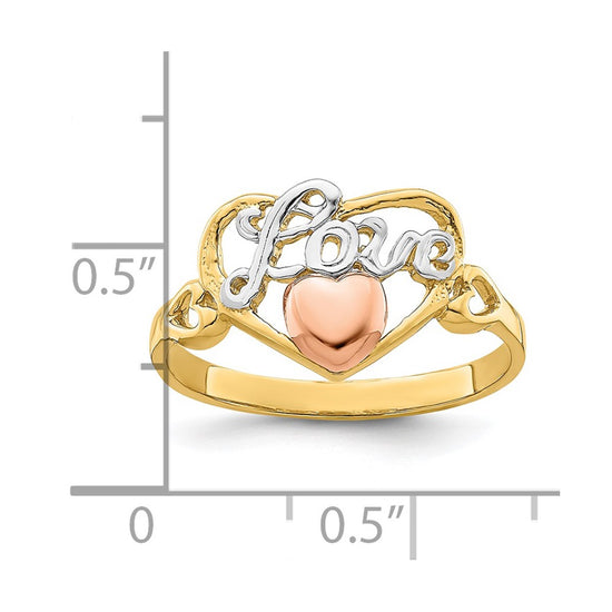 14k Yellow and Rose Gold with White Rhodium LOVE Heart Ring