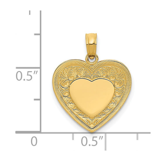 14K Polished Swirled Border Engravable Heart Pendant