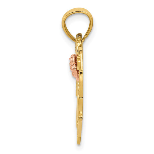 14k Two-tone with White Rhodium #1 MOM with Flower Heart Pendant