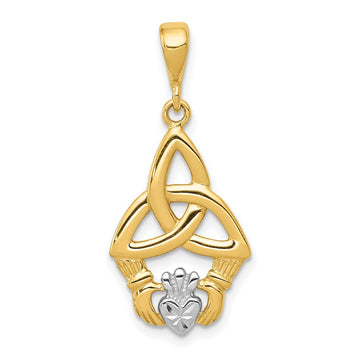 14K and White Rhodium Diamond-cut Claddagh Trinity Knot Pendant