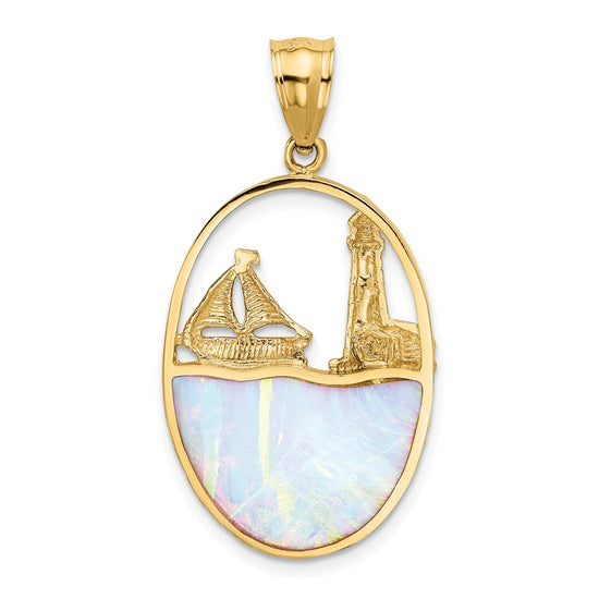 14K Lab Created Opal Lighthouse and Sailboat Pendant