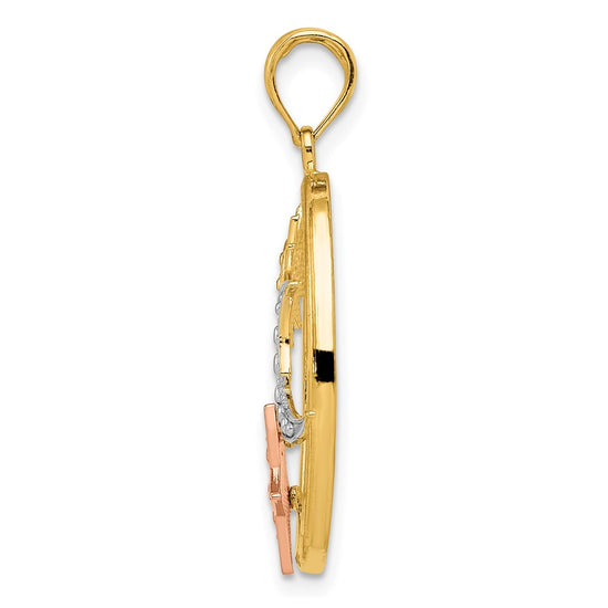 14k Two-tone with White Rhodium Sun/Moon/Star Oval Pendant