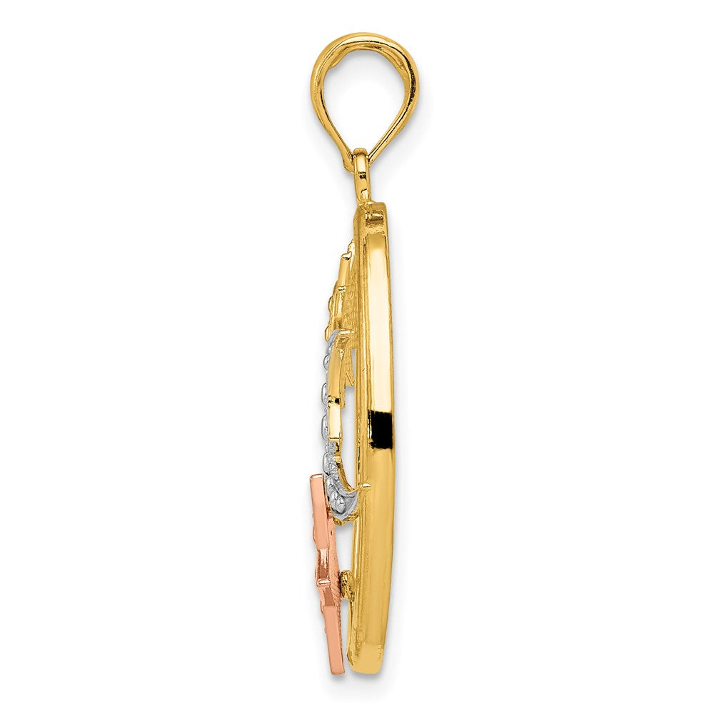 14k Two-tone with White Rhodium Sun/Moon/Star Oval Pendant