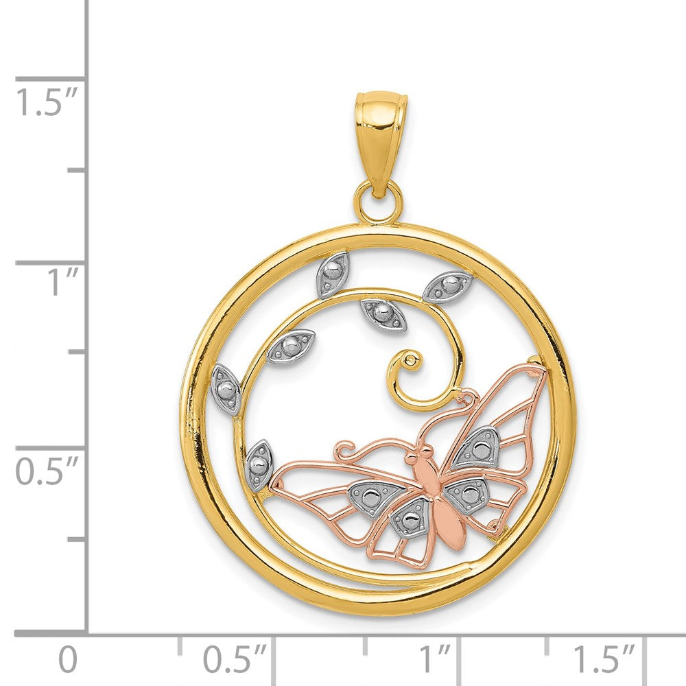 14k Two-tone with White Rhodium Butterfly in Circle Pendant