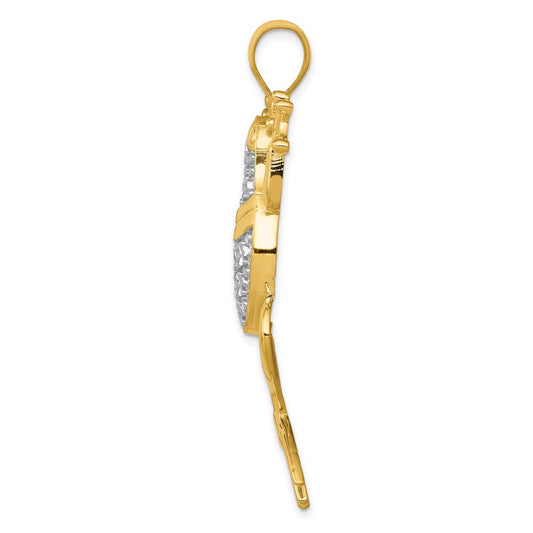 14K and White Rhodium Large Diamond-cut Frog Pendant