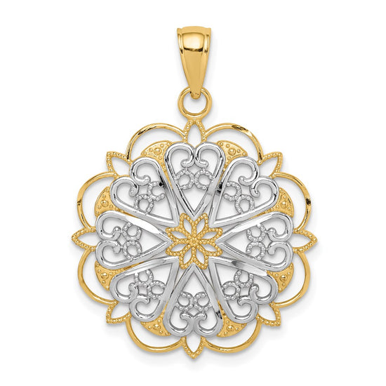 14K and White Rhodium Filigree Hearts with Scalloped Edge Pendant