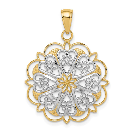 14K and White Rhodium Filigree Hearts with Scalloped Edge Pendant