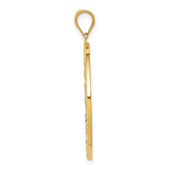 14K and White Rhodium Diamond-cut Circle Pendant