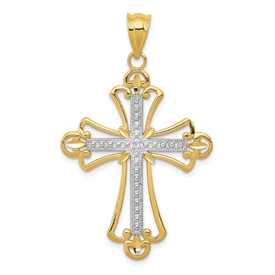 14K and White Rhodium Budded Cross Pendant