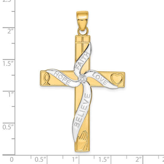 14K and White Rhodium Large HOPE FAITH LOVE BELIEVE Cross Pendant