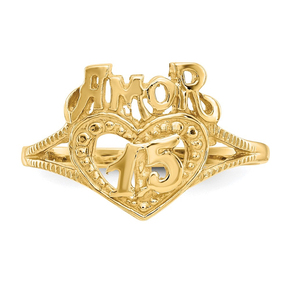 14K Quinceanera AMOR 15 Heart Ring