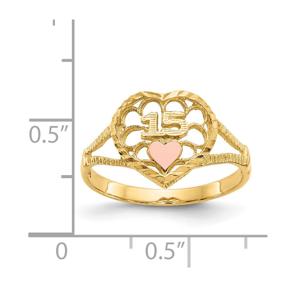 14K Two-tone Diamond-cut Quinceanera 15 in Heart Ring
