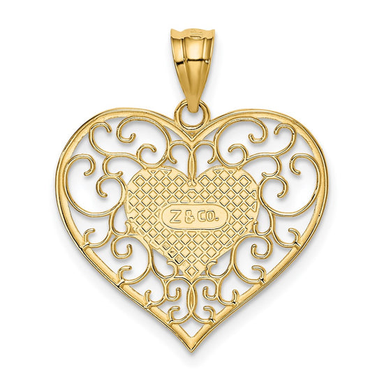 14K Polished Filigree Border Heart Pendant