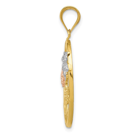 14k Two-tone with White Rhodium Diamond-cut Oval Floral Pendant