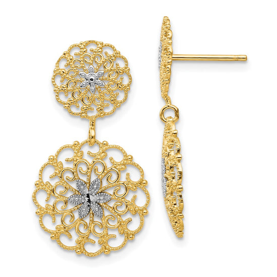 14K and White Rhodium Diamond-cut Filigree Medallion Drop Post Earrings