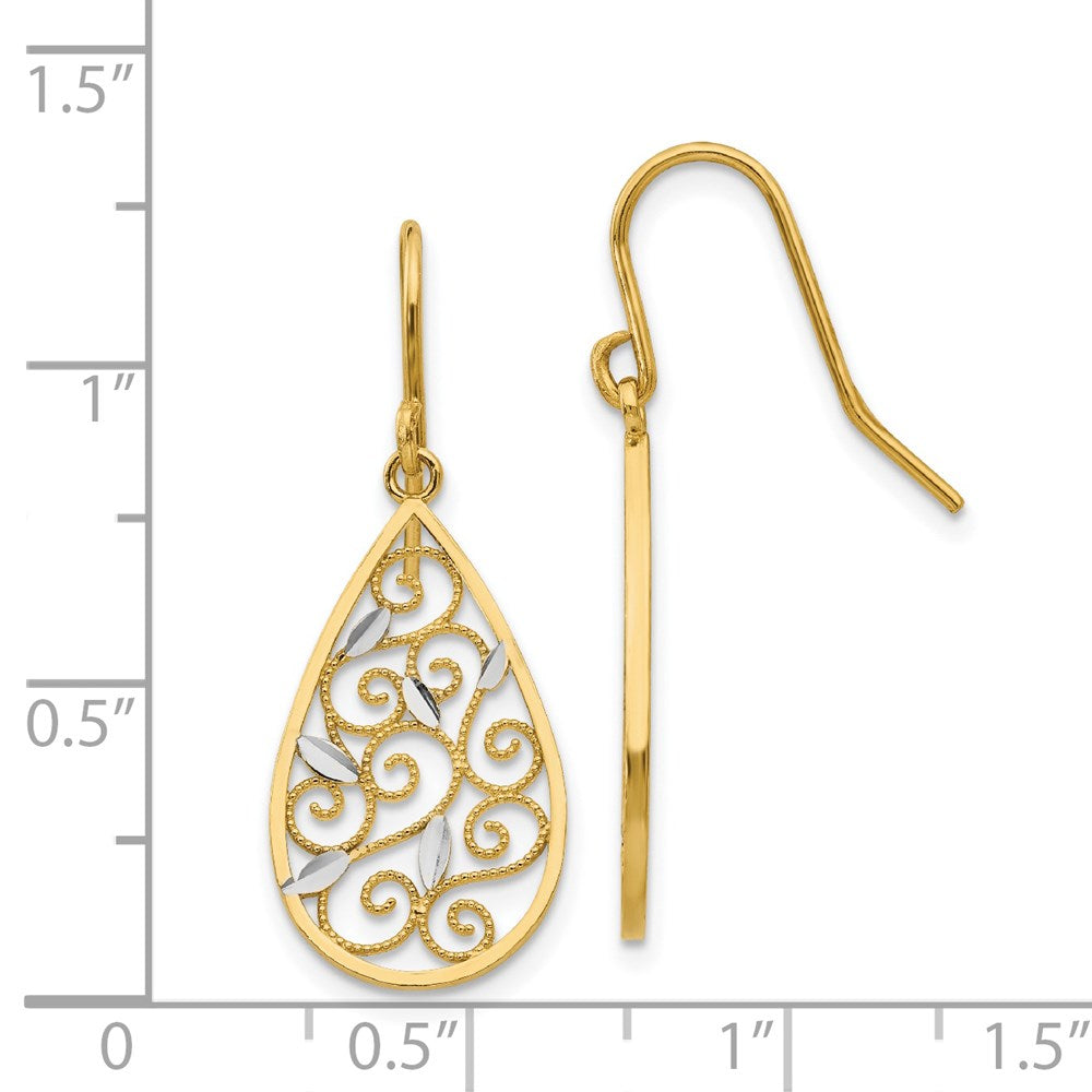 14K and White Rhodium Diamond-cut Filigree Teardrop Dangle French Hook Earrings