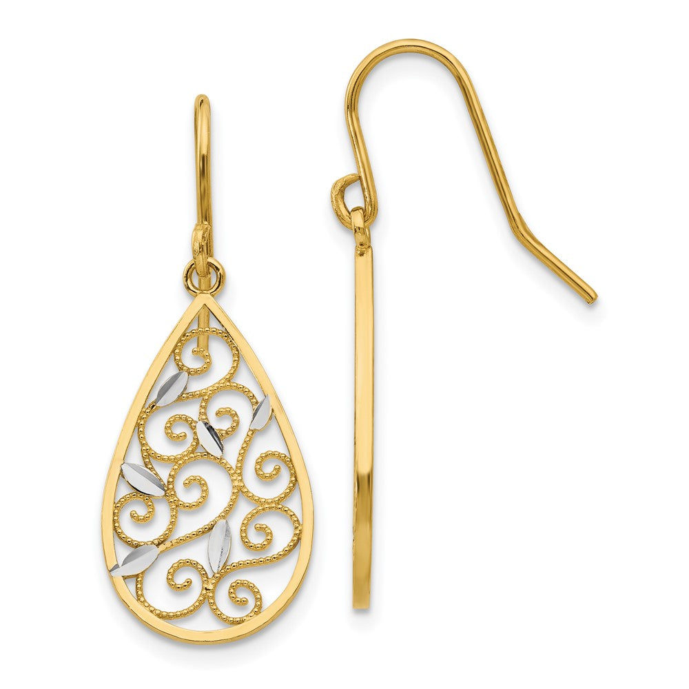 14K and White Rhodium Diamond-cut Filigree Teardrop Dangle French Hook Earrings