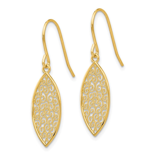 14k Fancy Filigree Pointed Oval Dangle French Hook Earrings