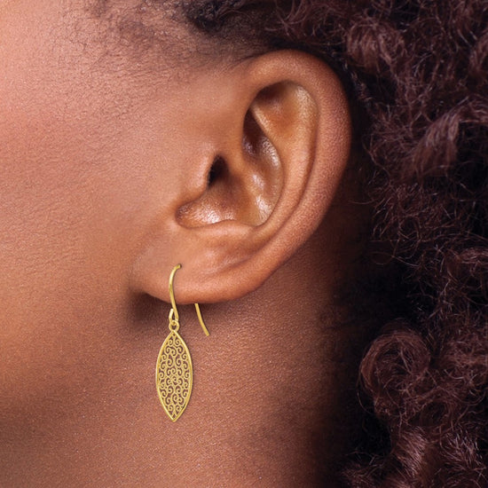 14k Fancy Filigree Pointed Oval Dangle French Hook Earrings