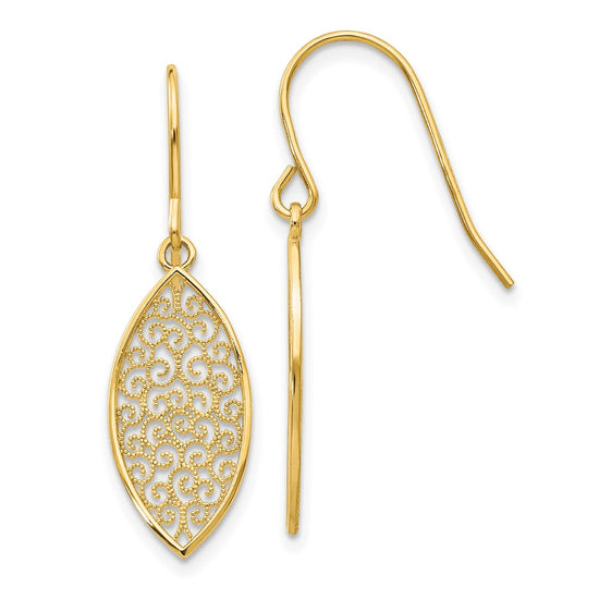 14k Fancy Filigree Pointed Oval Dangle French Hook Earrings