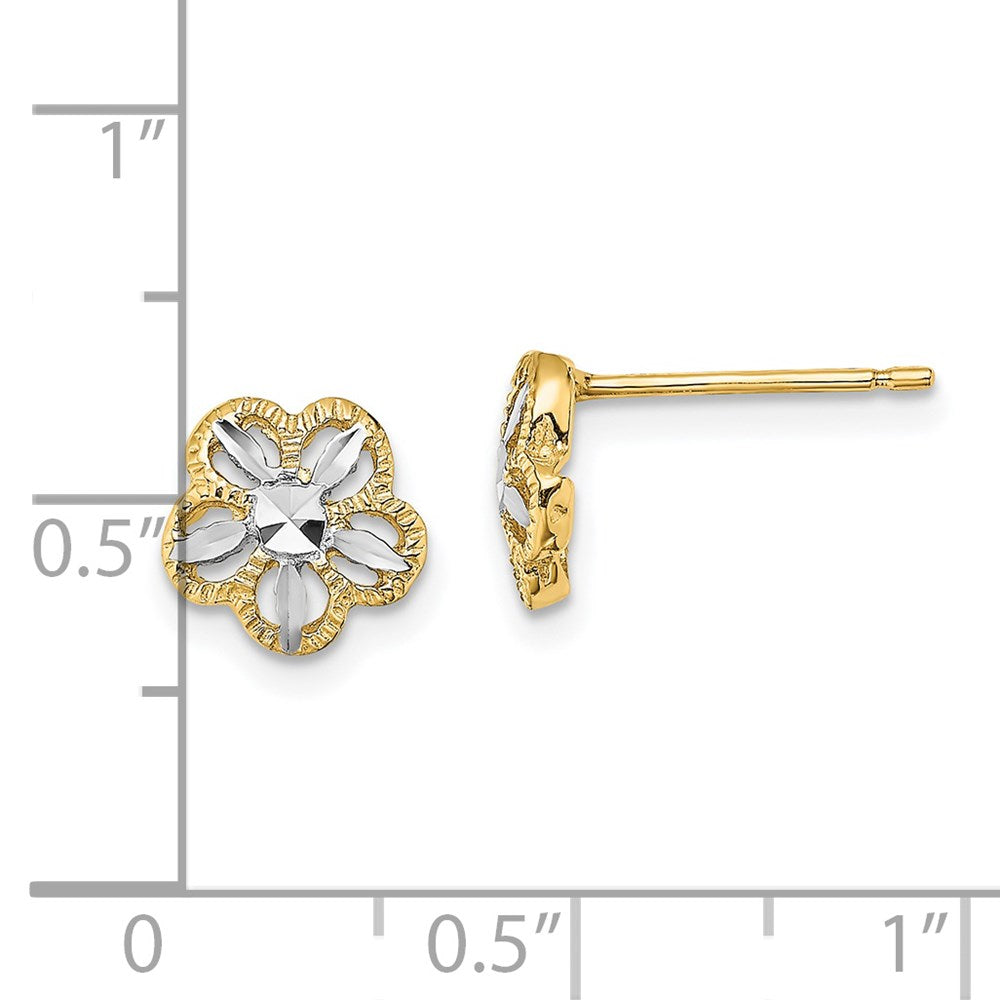 14K and White Rhodium Diamond-cut Flower Post Earrings