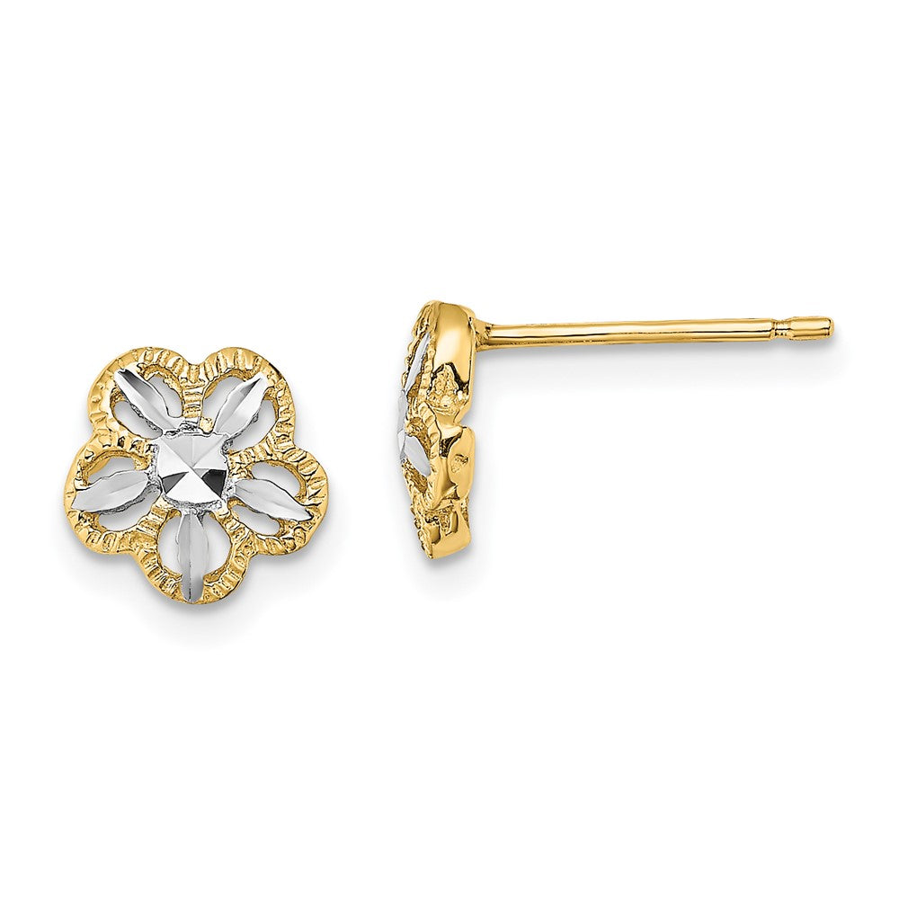 14K and White Rhodium Diamond-cut Flower Post Earrings