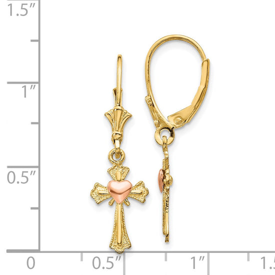 14K Two-tone Heart on Cross Dangle Leverback Earrings