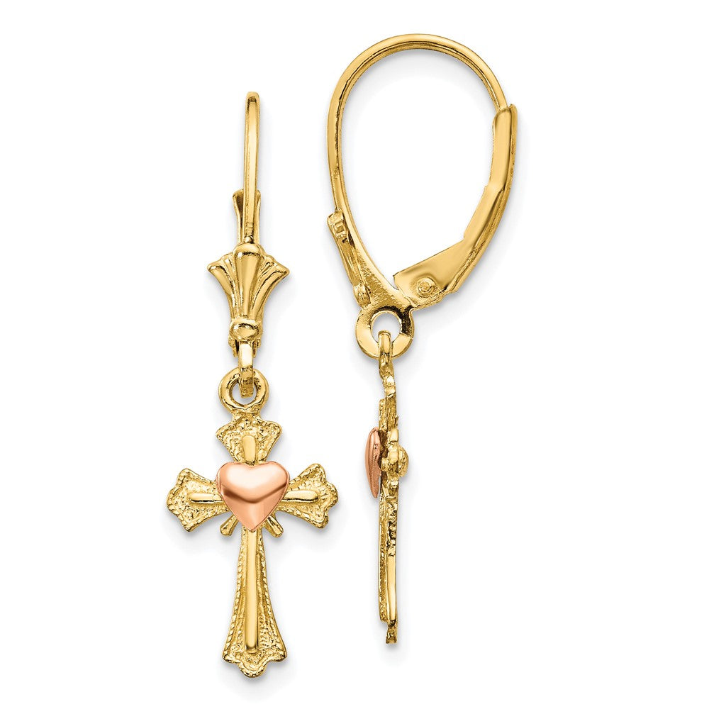 14K Two-tone Heart on Cross Dangle Leverback Earrings