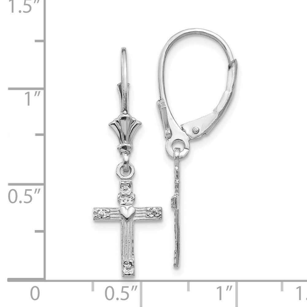 14K White Gold Cross with Heart Dangle Leverback Earrings