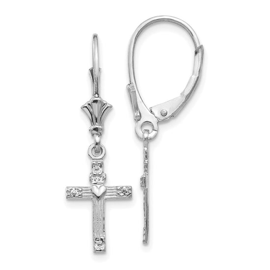 14K White Gold Cross with Heart Dangle Leverback Earrings
