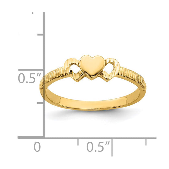 14K Solid Heart with Diamond-cut Hearts Ring