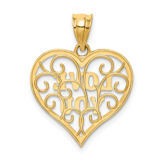 14k and White Rhodium Filigree LOVE YOU Heart Pendant