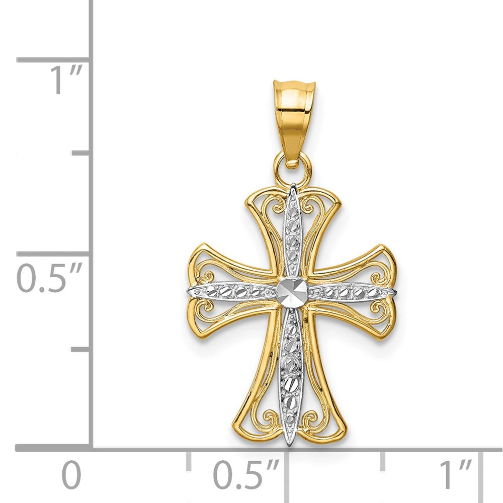 14k and White Rhodium Diamond-cut Cross Pendant