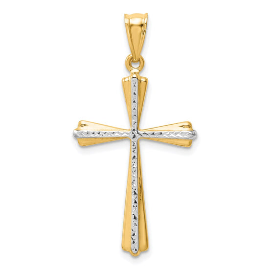 14k and White Rhodium Diamond Cut Cross Pendant