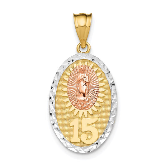 14K Two-tone with White Rhodium Solid Our Lady of Guadalupe 15 Oval Pendant