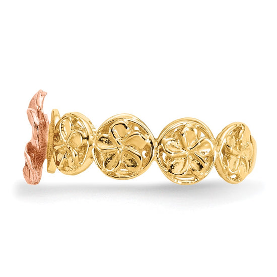 14k Yellow and Rose Gold Diamond-cut Plumeria Flowers Ring