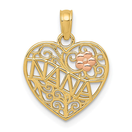 14K Two-tone Polished NANA with Flower on Heart Pendant
