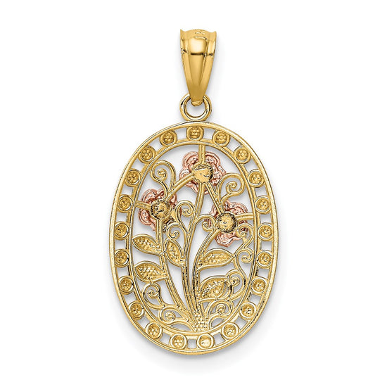 14k Yellow and Rose Gold with White Rhodium Oval 3 Rose Pendant