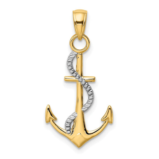 14K Two-tone Polished Anchor with Rope Pendant