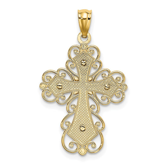14K Two-tone Polished 2-Level Filigree Cross Pendant