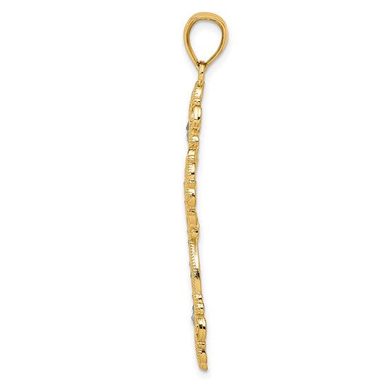 14K and White Rhodium Polished Textured Diamond-Pattern Cross Pendant