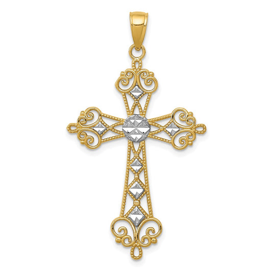 14K and White Rhodium Polished Diamond-Cut Cut-Out Cross Pendant