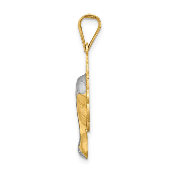 14K and White Rhodium Satin And Polished Diamond-cut Virgin Mary Scalloped Edge Pendant