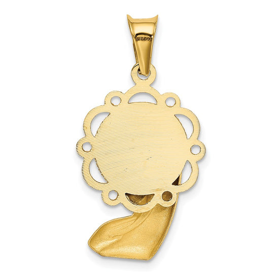 14K and White Rhodium Satin And Polished Diamond-cut Virgin Mary Scalloped Edge Pendant