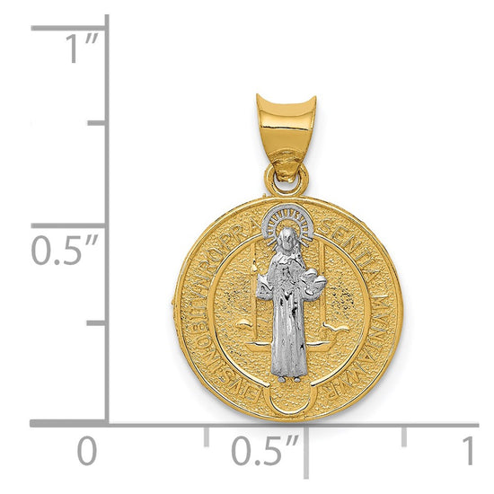 14k and White Rhodium Solid St. Benedict Medal Round Pendant