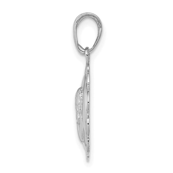 14K White Gold Polished Angel Cherub on Round Scallop Frame Pendant