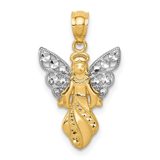 14K and White Rhodium Polished and Textured Angel Pendant