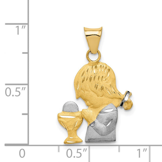 14K and White Rhodium Diamond-cut Girl Communion Semi-solid Pendant