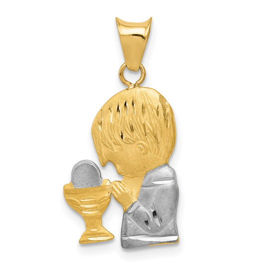 14K and White Rhodium Diamond-cut Boy Communion Semi-solid Pendant